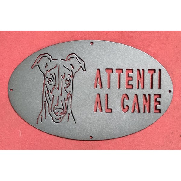 Plaque / Nameplate / Cartel "BEWARE OF THE DOG" in Iron . laser cutting . Greyhound . 1778