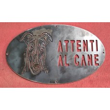 Plaque / Nameplate / Cartel "BEWARE OF THE DOG" in Iron . laser cutting . Greyhound . 1778