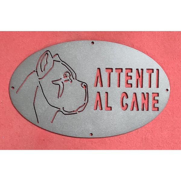 Plaque / Nameplate / Cartel "BEWARE OF THE DOG" in Iron . laser cutting . Dog Coarse with ears and short muzzle . 1780
