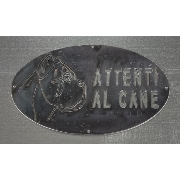 Plaque / Nameplate / Cartel "BEWARE OF THE DOG" in Iron . laser cutting . Dog Coarse with ears and short muzzle . 1780