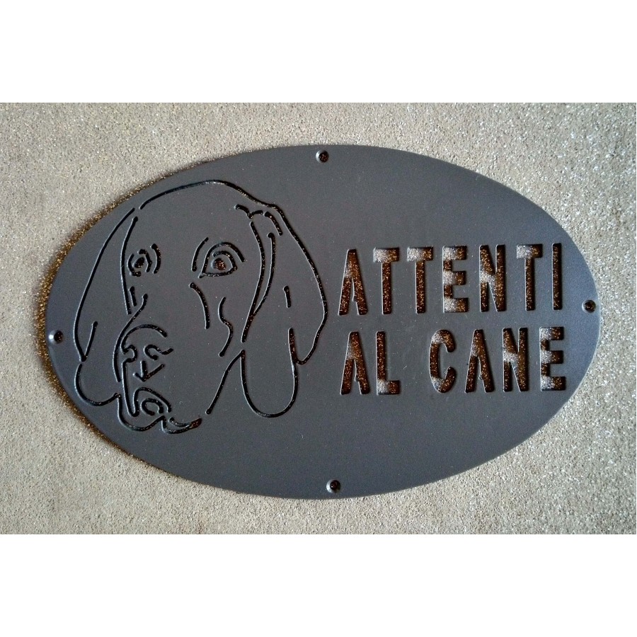 Targa / Targhetta / Cartello ATTENTI AL CANE in ferro . Disegno