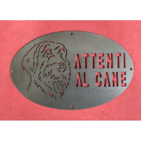 Targa / Targhetta / Cartello "ATTENTI AL CANE" in ferro . Disegno Laser . Spinone Italiano . 1764