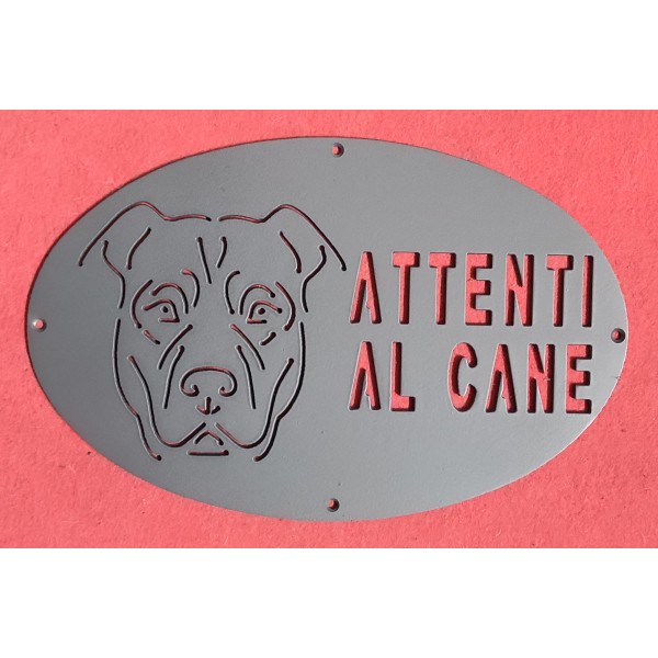 Targa / Targhetta / Cartello "ATTENTI AL CANE" in ferro . Disegno Laser . Pit Bull Terrier . 1773