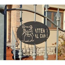 Targa Targhetta Cartello "ATTENTI AL CANE" in ferro . Disegno Laser Bulldog Inglese . 1750 