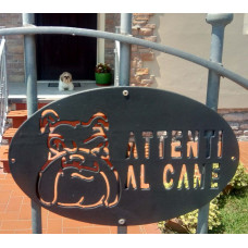 Targa Targhetta Cartello "ATTENTI AL CANE" in ferro . Disegno Laser Bulldog Inglese . 1750 