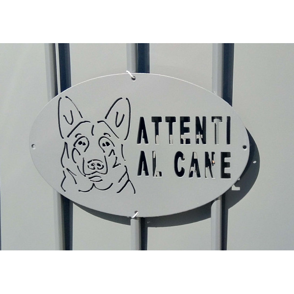 Targa Targhetta Cartello "ATTENTI AL CANE" in ferro . Disegno Laser Pastore Tedesco . 1751 