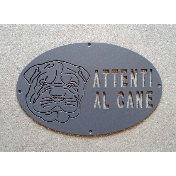 Targa Targhetta Cartello "ATTENTI AL CANE" in ferro . Disegno Shar-Pei . 1753 