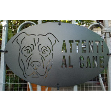 Targa Targhetta Cartello "ATTENTI AL CANE" in ferro . Disegno Pit Bull Terrier . 1773 