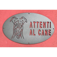 Targa Targhetta Cartello "ATTENTI AL CANE" in ferro . Disegno Levriero . 1778