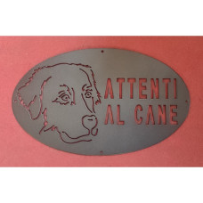 Targa Targhetta Cartello "ATTENTI AL CANE" in ferro . Disegno Pastore Maremmano .1789
