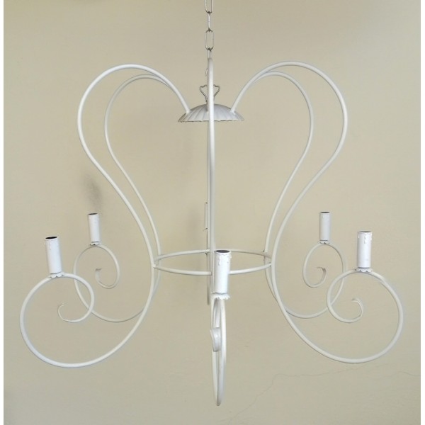 Wrought Iron Chandelier. 6 Lamp. 80 x 58 cm. White Color with Candle . 1056