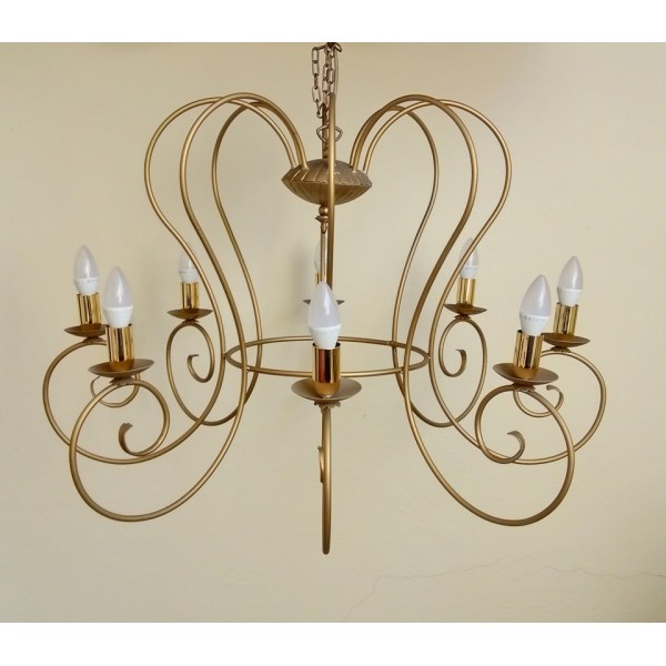 Wrought Iron Chandelier. 8 Lamp. 86 x 60 cm. Gold Color with Candle . 1056
