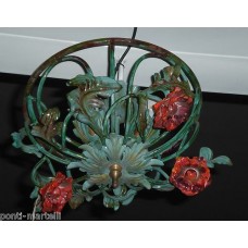 Wrought Iron Chandelier. Size approx. 43 x 25  cm . Green and gold color with red flowers .SMART lighting . compatible with iOS and Android. works with Amazon Alexa, Google Home, Ifttt. light lamp INTELLIGENT HOME AUTOMATION WIFI.  248