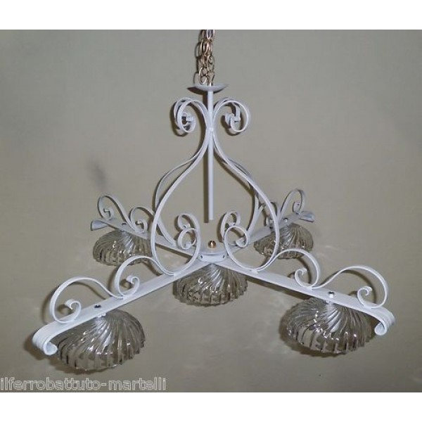 Wrought Iron Chandelier. Dimensions cm 75 x h 44 approx .  Whit color . 5 Lights with Glasses . 276