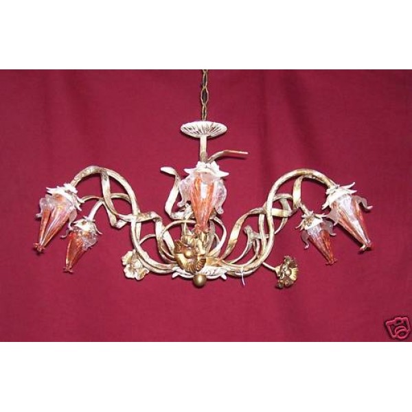 Wrought Iron Chandelier. Dimensions cm 80 x h 40 approx . Ivory and Gold color . 6 Lights  . 285